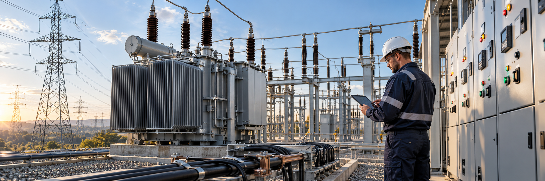 Engineer with a tablet next to switchgear cabinets and a power transformer at a substation