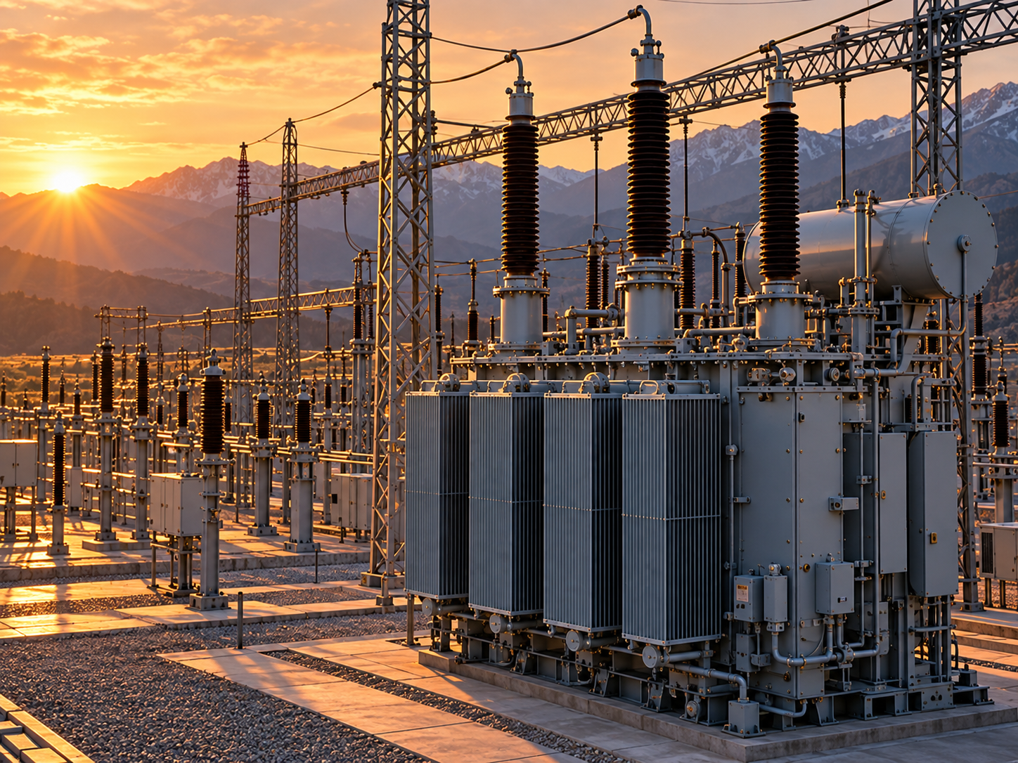 Substation with power transformers at sunrise, mountains in the background