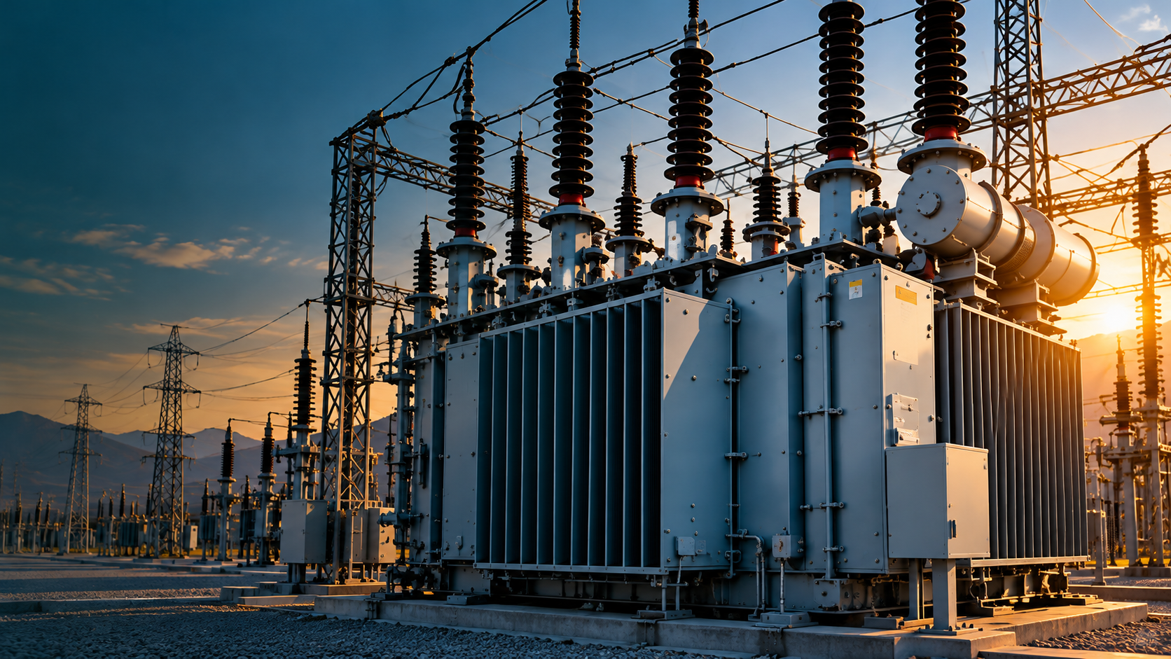 Power transformer with high-voltage bushings at a substation at sunset