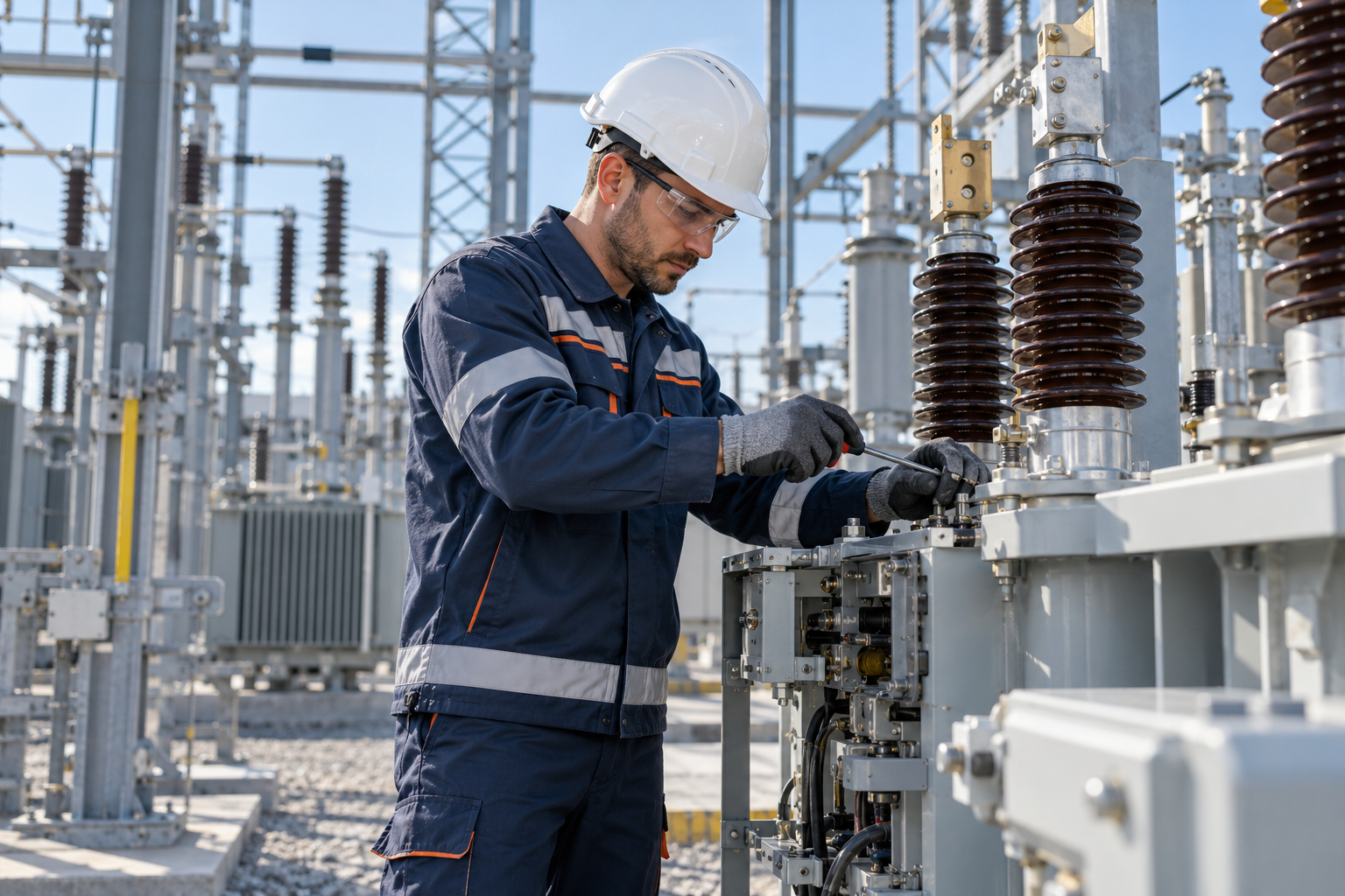 Engineer in a hard hat servicing high-voltage equipment at a substation