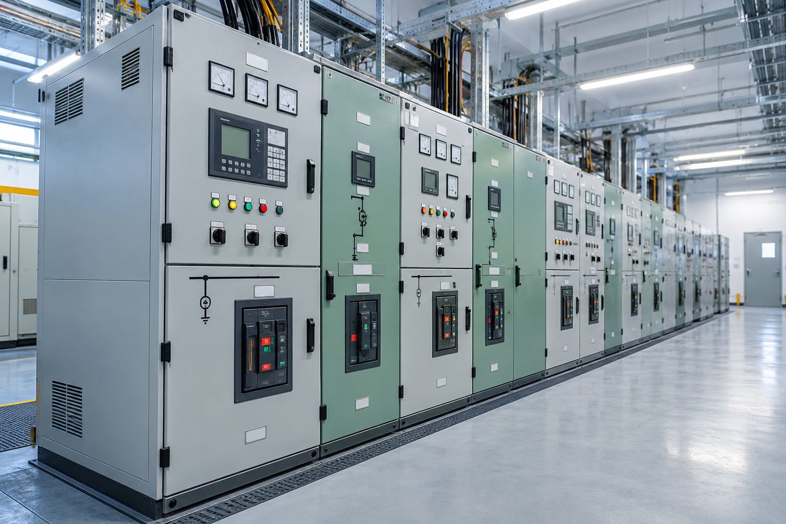 Row of electrical switchboard cabinets in a switchgear room