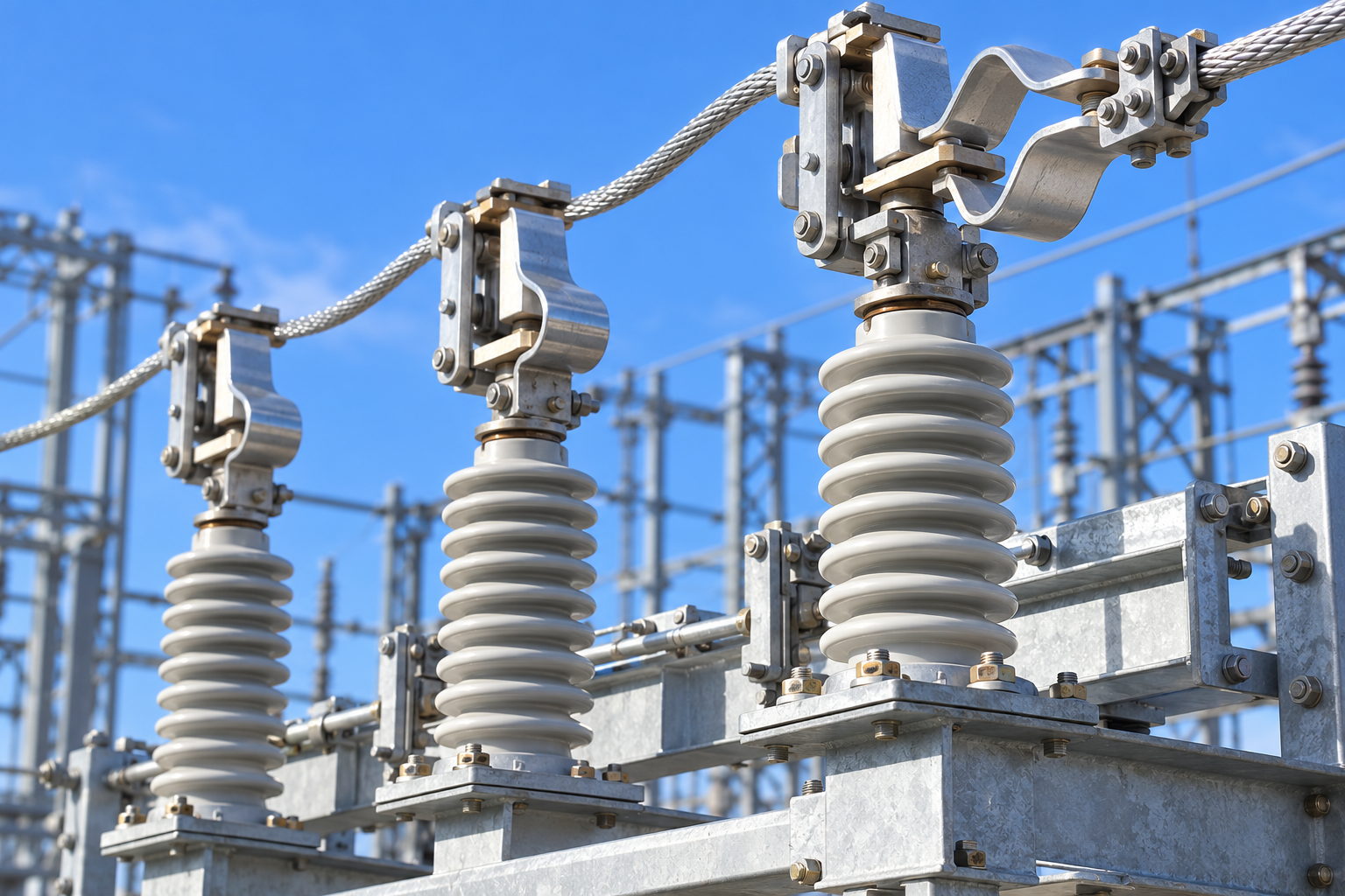 Disconnect switches on porcelain insulators at a substation