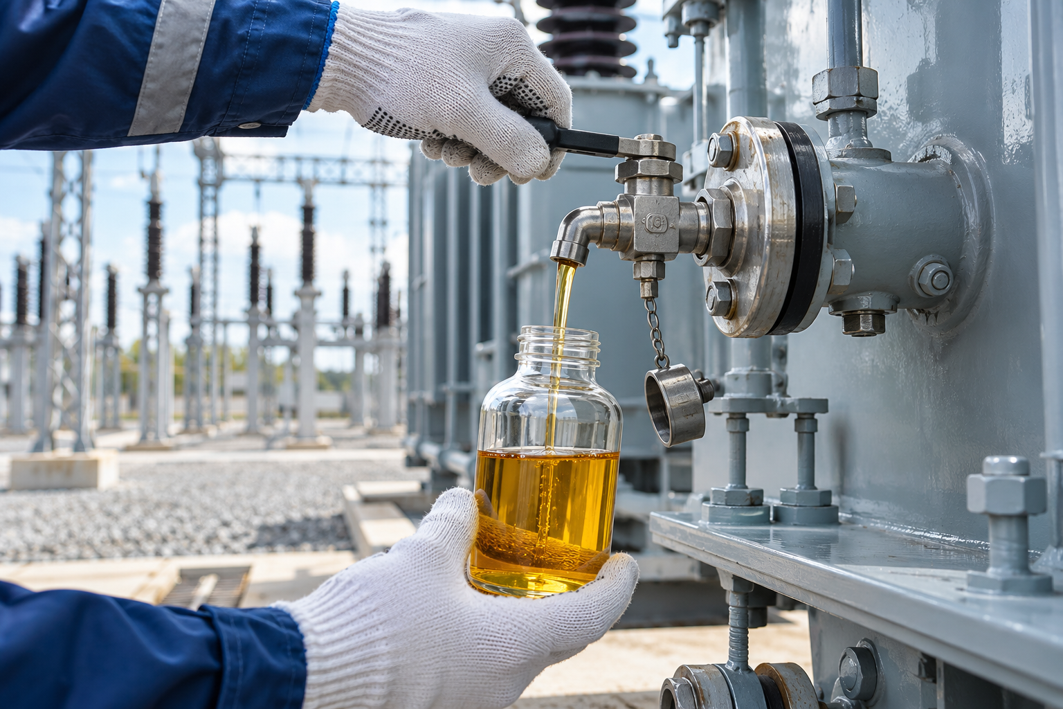 Gloved hands taking a transformer oil sample into a glass jar