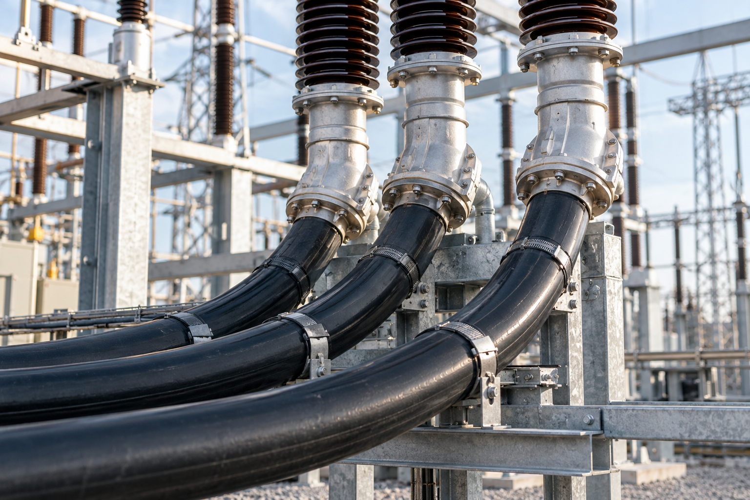 High-voltage cables connected to cable terminations at a substation