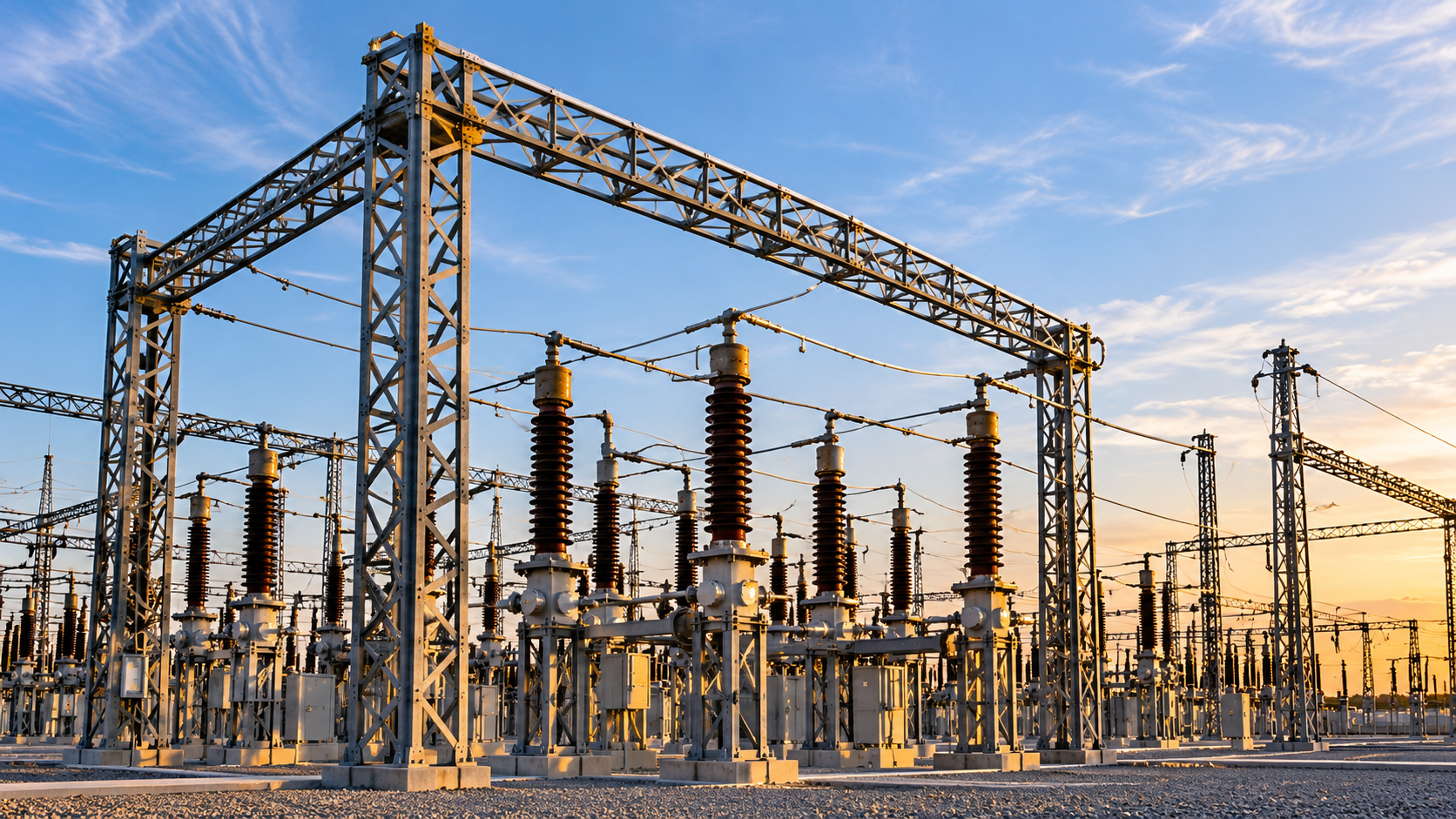 Steel substation gantry with high-voltage insulators at sunset
