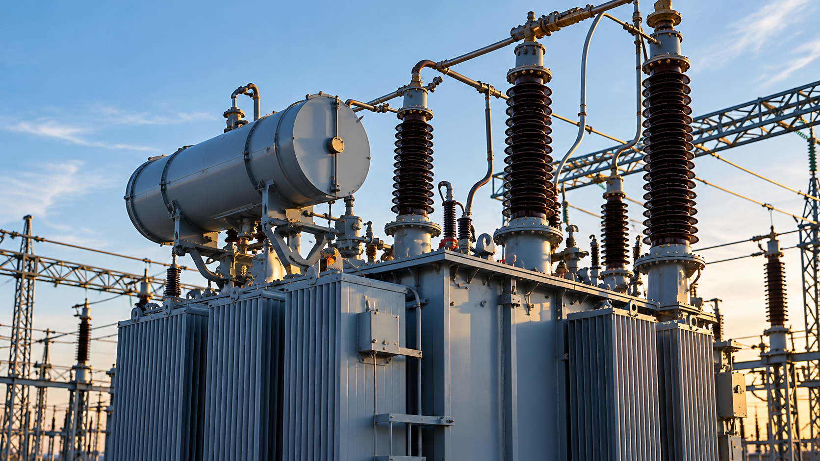Power transformer with high-voltage bushings and an oil conservator tank