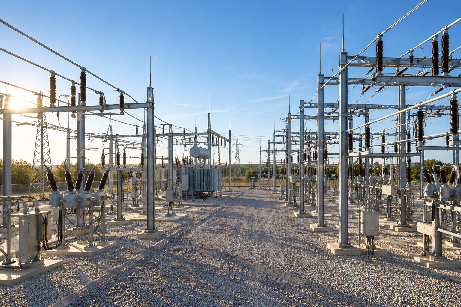 Gravel road through an outdoor substation with high-voltage equipment