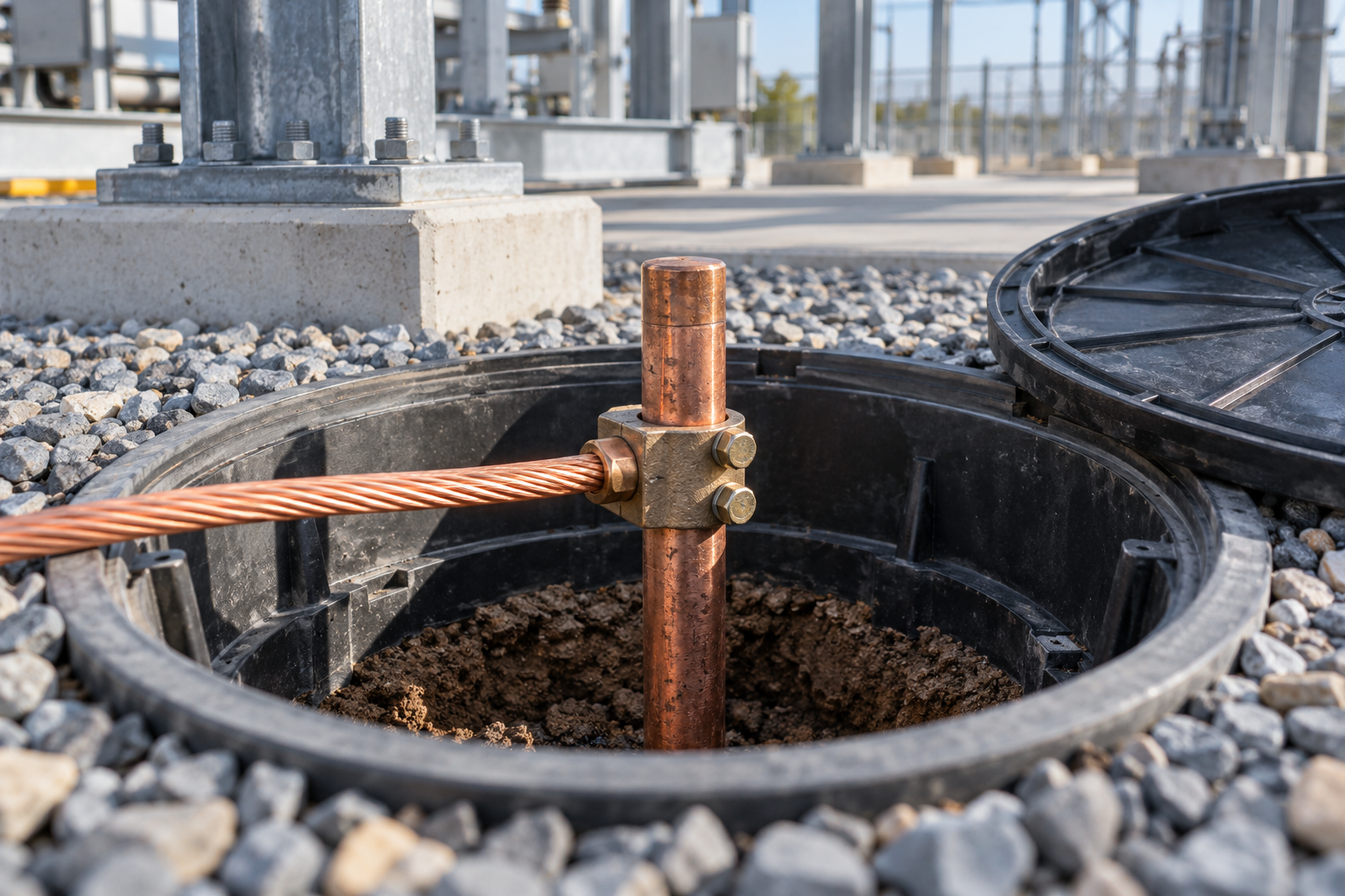 Copper grounding rod with a clamp and conductor in an inspection pit